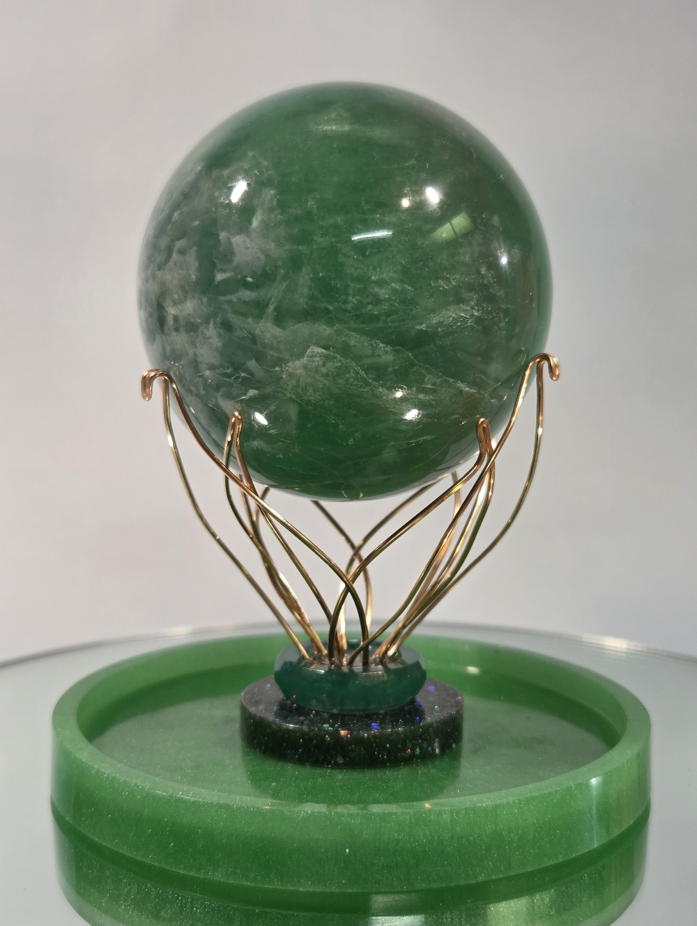 Natural Green Fluorite Gemstone Sphere On Handmade Resin/ Solid Bronze Display